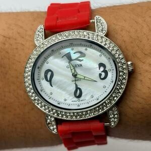 Red & Silver Crystal Geneva Watch